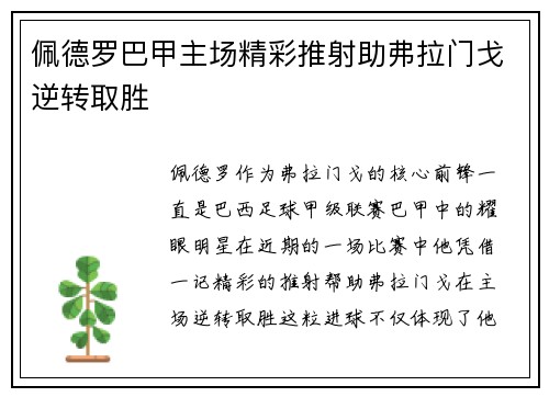 佩德罗巴甲主场精彩推射助弗拉门戈逆转取胜